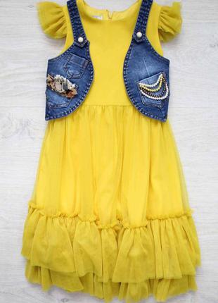 Костюм 2-ка желтое платье и джинсовая жилетка (104 см.)  micro 2457455451730