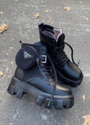 Женские зимние чёрные ботинки с мехом прадо🖤❄️pr@d@ black fur🖤❄️, жіночі зимні ботинки