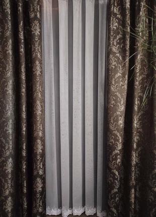 Портьерная ткань для штор жаккард коричневого цвета с коронками3 фото