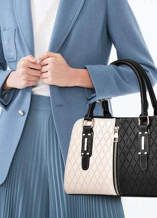 Жіноча стильна сумка на плече біло-чорна різнобарвна, жіноча сумочка еко шкіра біла чорна9 фото