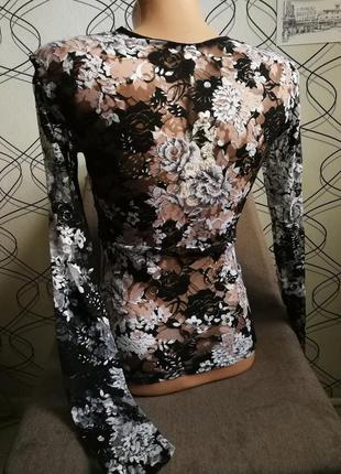 Ошеломительная кофта сетка с цветочными узорами чёрно-бело-серый2 фото