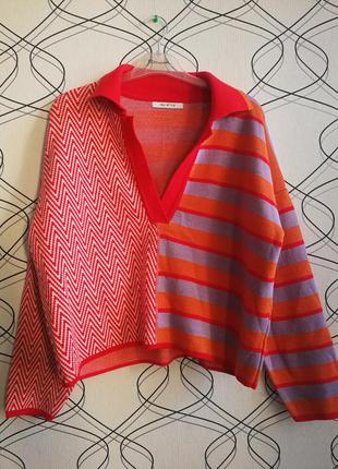 Оверсайз оригінальна толстовка джемпер двох візерунків помаранчева смужка бузкова і зигзаг біло-червоний