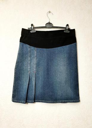 Спідниця джинсова для вагітної в складки з трикотажної кокеткою середня довжина мексика1 фото