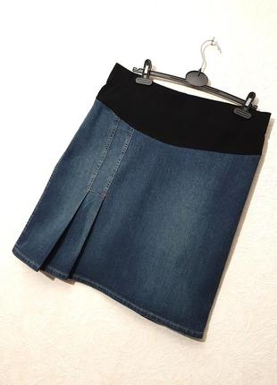 Спідниця джинсова для вагітної в складки з трикотажної кокеткою середня довжина мексика2 фото