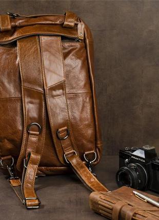 Кожаная сумка-рюкзак сумка трансформер рыжая светло-коричневая стильная мужская2 фото