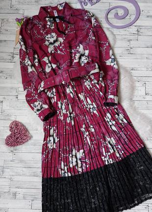 Платье бордовое behcetti с цветами плиссе с гипюром1 фото