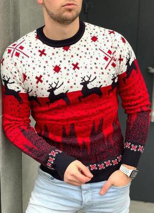 🎄 светр з оленями червоний, светр новорічний з оленем, вовняна кофта
