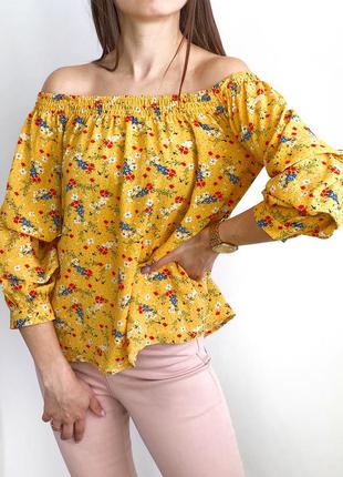 Горчичная блуза на плечи в мелкий цветочек с красивыми рукавами 1+1=32 фото