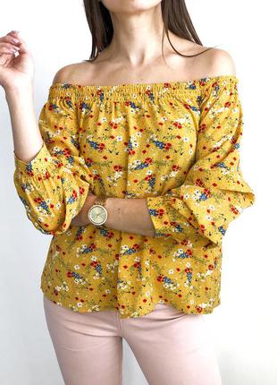 Горчичная блуза на плечи в мелкий цветочек с красивыми рукавами 1+1=36 фото