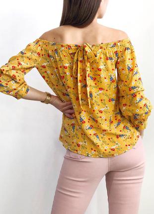 Горчичная блуза на плечи в мелкий цветочек с красивыми рукавами 1+1=38 фото