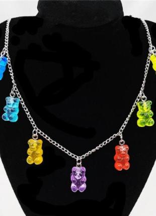 Ожерелье с мармеладными мишками, разноцветное  - длина 48см (регулируется), смола, цинковый сплав