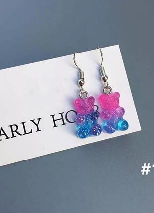 Детские серьги желейный мишка, с блетсками, розовый+голубой - размер 1,6*1см, смола