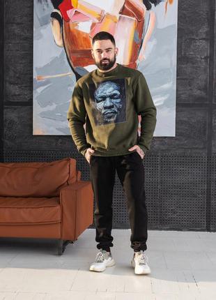 Теплый зимний хаки свитер кофта  свитшот на флисе с принтом майк тайсон3 фото
