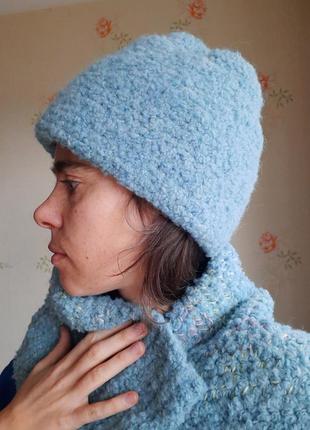 Комплект шарф шапка зимняя букле голубая тедди буклированная альпака меринос