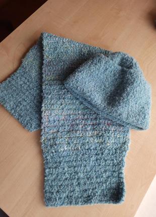 Комплект шарф шапка зимняя букле голубая тедди буклированная альпака меринос3 фото