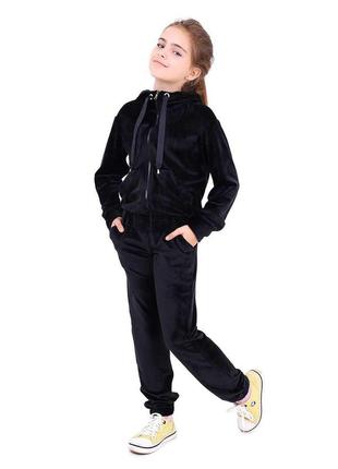 Костюм двойка детский, спортивный, велюровый, подростковый, кофта на молнии, штаны, черный