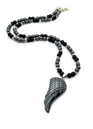 ⚫️⚪️ стильне кольє-намисто з підвіскою "крило" натуральні камені агат і гематит