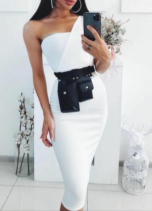 Белое платье на одно плечо миди до колен сукня1 фото
