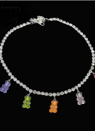 Ожерелье мишки разноцветное - длина 35см + 20см, (ругелируется), смола, цинковый сплав1 фото