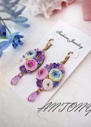 Серьги с цветами английский замок, серьги подвески с миниатюрными цветами