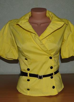 Блуза сорочка насичено-жовта рукави-ліхтарики на запах з поясом, 36/xxs (3991)