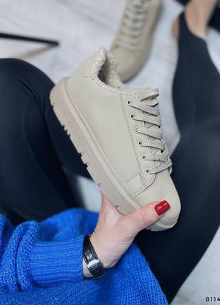 Женские зимние бежевые кеды на меху жіночі круті бежеві кеди з хутром на зиму5 фото