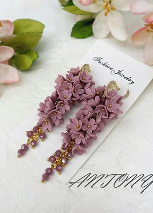 Сережки з квітами, довгі сережки кольору лаванди, сережки грона лавандові англійський замок2 фото