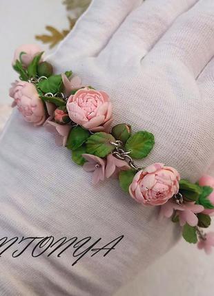Браслет с цветами пионы розовые, браслет с миниатюрными пионами1 фото