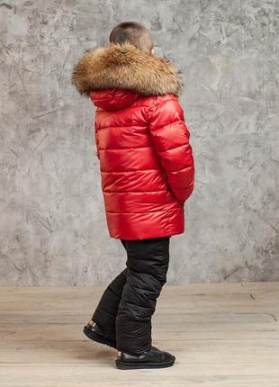Дитячий зимовий костюм з натуральної опушенням в червоному кольорі для хлопчика3 фото
