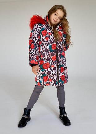 Детское подростковое зимнее пальто с принтом лео розы с натуральной опушкой1 фото