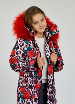 Детское подростковое зимнее пальто с принтом лео розы с натуральной опушкой2 фото