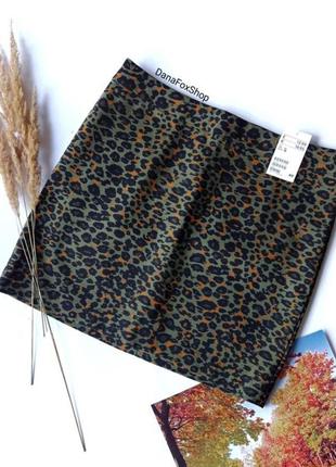 🐆 нова коротка спідниця хакі в леопардовий принт, принтованая мини-юбка h&m