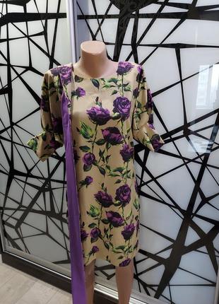 Шикарное платье в фиолетовые розы с широким поясомlakerta 36 размнр5 фото