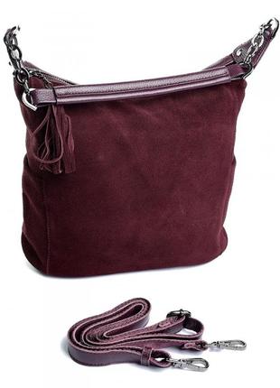 Жіноча шкіряна сумка бордового кольору з натуральної шкіри та замші1 фото
