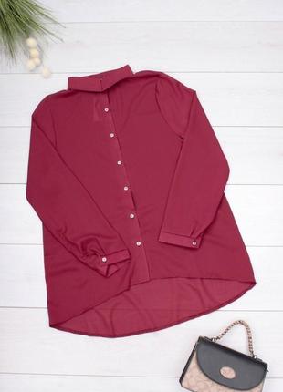 Стильная бордовая марсала рубашка шифоновая блузка с длинным рукавом классическая