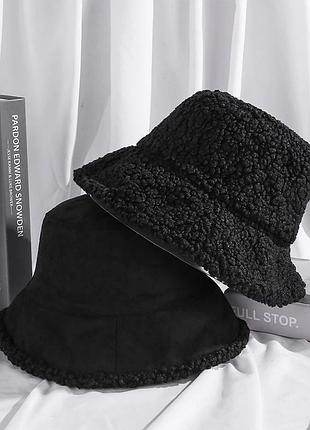 Шапка панама двостороння, хутрова, плюшева, пухнаста (тедді, баранчик, каракуль) чорна, унісекс