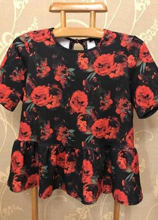 Акция!!! фактурный топ блузка с баской в цветочный принт.
