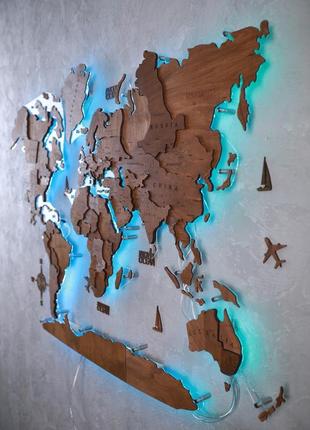 Карта мира на стену с лед подсветкой деревянная многослойная на акриле 3д6 фото