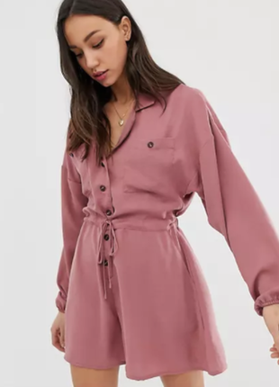 Комбінезон шорти asos з гудзиками спереду і куліска на талії, ромпер рожевий з рукавами