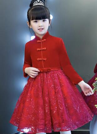 Красное платье для девочки с плотным ажуром7 фото