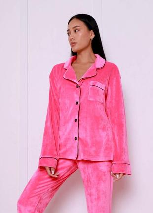 Велюровый плюшевый розовый костюм для дома рубашка со штанами, піжама