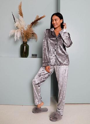 Велюрова сіра піжама костюм для будинку сорочка зі штанами, піжама