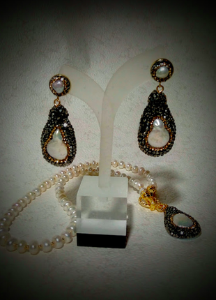 Дизайнерське кольє стильні сережки кулон підвіска набір натуральний перли бароковий3 фото