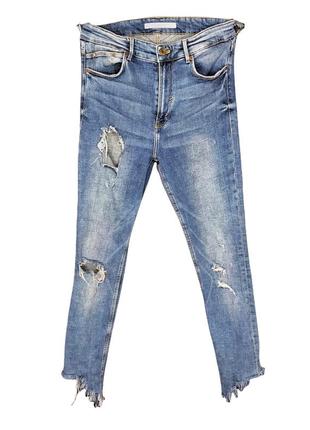 Джинсы рваные zara синие хлопок штаны брюки летние средняя посадка зауженные укороченные размер s m1 фото