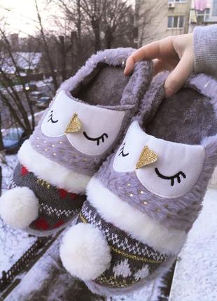 🦉 новогодние рождественские плюшевые мягкие махровые теплые тёплые зимние комнатные домашние тапочки для дома совы