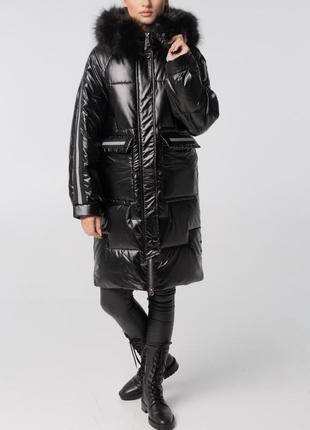 Чёрная зимняя куртка с лампасами и эко мехом, пуховик зима❄