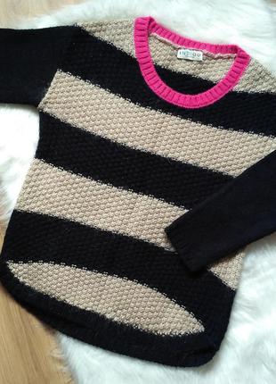 2 вещи по цене 1. стильный трендовый теплый свитер в полоску с розовой горловиной m&s