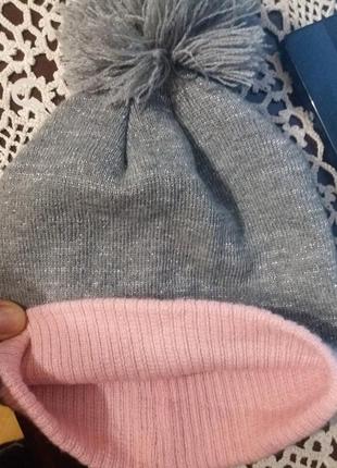 Сіра шапка з люрексом і рожевим обідком для дівчинки 0383 фото