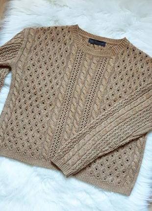 2 вещи по цене 1. ажурный вязанный укороченный свитер кроп цвета кэмел, спинка на пуговицах m&s