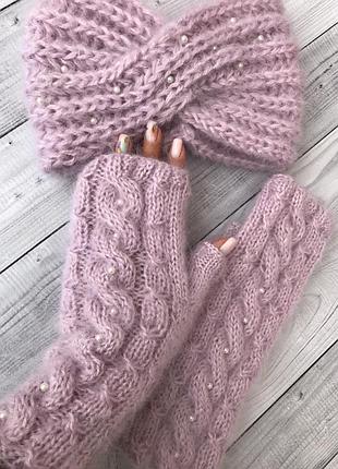 Мохеровые вязаные варежки серые белые митенки розовые пушистые рукавички